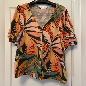 Sonoma 100% Cotton Pink and Green Tropical Button-Up Blouse